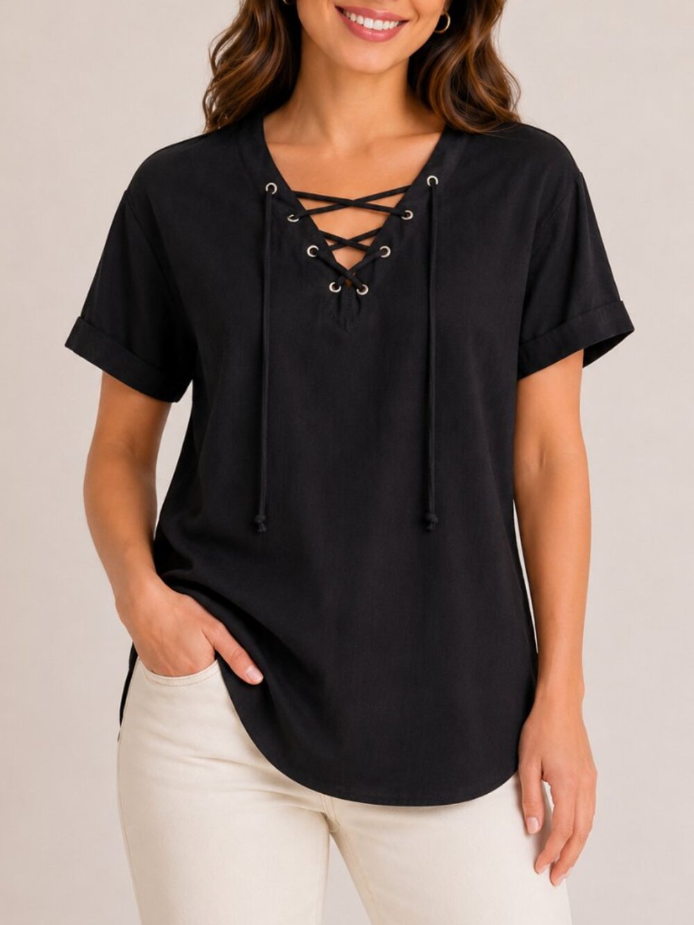 Matty M Lace-Up V-Neck Short Sleeve Top Black Size S NWT  Linen Blend